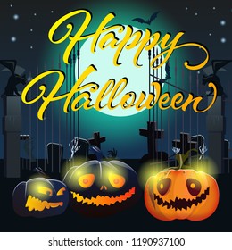 Happy Halloween lettering with pumpkins and graveyard. Invitation or advertising design. Handwritten text, calligraphy. For leaflets, brochures, invitations, posters or banners.