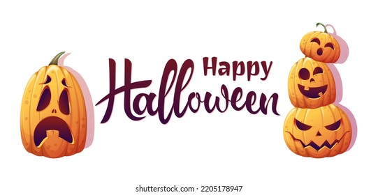 Happy Halloween lettering with pumpkins. Handwritten lettering. Vector illustration for banner, poster, postcard, card.