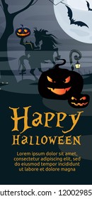 Happy Halloween lettering with pumpkins and Headless Horseman. Invitation or advertising design. Typed text, calligraphy. For leaflets, brochures, invitations, posters or banners.