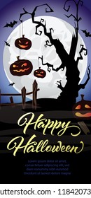 Happy Halloween lettering. Pumpkins on graveyard tree and bats in moonlight. Halloween night background. Vector illustration can be used for posters, flyers, greeting cards, websites