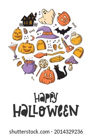 Cita feliz con letras de Halloween decorada con doodles para tarjetas de felicitación, afiches, impresiones, carteles, invitaciones, carteles, etc. EPS 10