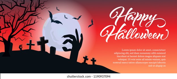 Happy Halloween lettering with sample text and cemetery. Invitation or advertising design. Handwritten text, calligraphy. For leaflets, brochures, invitations, posters or banners.