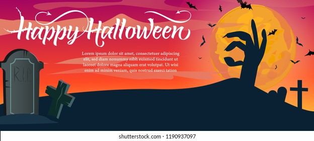 Happy Halloween lettering, sample text and cemetery. Invitation or advertising design. Handwritten text, calligraphy. For leaflets, brochures, invitations, posters or banners.