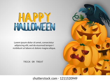 Happy Halloween lettering with sample text, pumpkins and crow. Invitation or advertising design. Typed text, calligraphy. For leaflets, brochures, invitations, posters or banners.