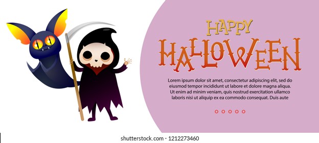 Happy Halloween lettering and sample text with grim reaper and bat. Invitation or advertising design. Typed text, calligraphy. For leaflets, brochures, invitations, flyers, posters or banners.