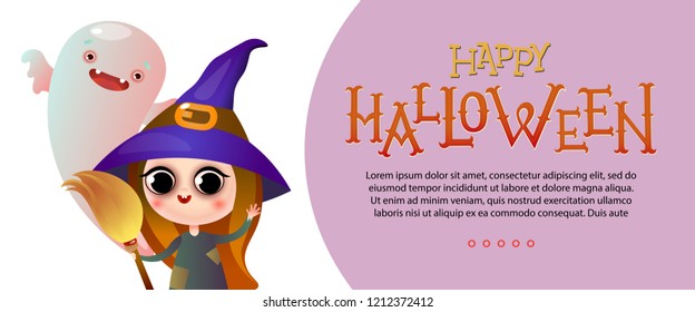 Happy Halloween lettering and sample text with witch and ghost. Invitation or advertising design. Typed text, calligraphy. For leaflets, brochures, invitations, flyers, posters or banners.