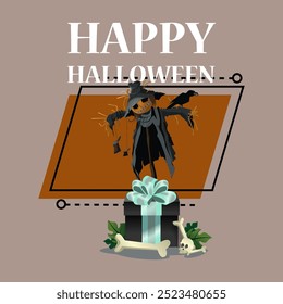 Happy Halloween lettering with scarecrow and black crow, gift box, skull and bones. Typed text, calligraphy. Holiday, celebration, party concept. Vector illustration for invitation and banner design