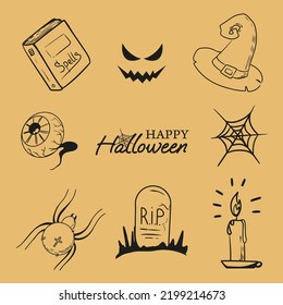 happy halloween lettering scary face cobweb witch hat grave poisonous spider spell book burning candle   gouged out eye