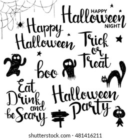 Happy Halloween lettering set. Modern vector hand drawn calligraphy with ghosts, monsters, black cat, spider, web and other elements isolated on white background for your design