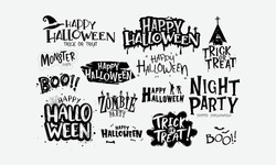 Happy Halloween Lettering Set. Poster, Banner, Flyer. Spider Web With The Spider. Black On White. Lettering. Halloween Party. Flat Design Vector EPS 10 Illustration.Text Banner Or Background.