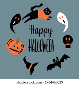 Happy halloween lettering and several characters such as ghost, black cat, skull, pumpkin, bat and witch hat. Vector illustration 
