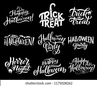 Happy Halloween lettering sketch for greeting cards. Vector calligraphy of trick and treat in pupkin with black witch hat and cat or bat with spider in web for spooky Halloween celebration