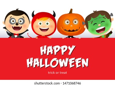 Happy Halloween lettering and smiling kids in monsters costumes. Invitation or advertising design. Typed text, calligraphy. For leaflets, brochures, invitations, posters or banners.