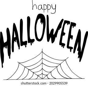happy halloween lettering and spider web hand drawn doodle. vector, scandinavian, nordic, minimalism, monochrome. print, sticker, decor card poster