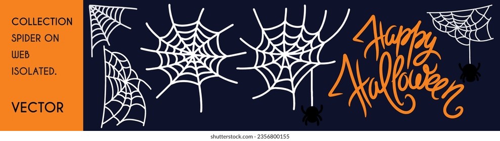 Happy halloween lettering with spiderweb. Spider on web isolated on black background. Set vector illustration.
