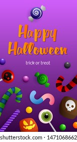 Happy Halloween lettering with sweets and candy canes. Invitation or advertising design. Handwritten text, calligraphy. For leaflets, brochures, invitations, posters or banners.