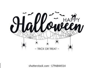 Happy Halloween lettering for text banner. Background with spiders, spider web, bat and cat for Halloween celebrete. Vector illustration.