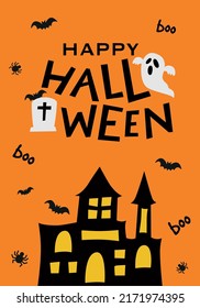 Happy Halloween lettering Text Banner. Vector Illustration of halloween on orange background. Autumn poster with ghost, bat, spider, tombstone, castle