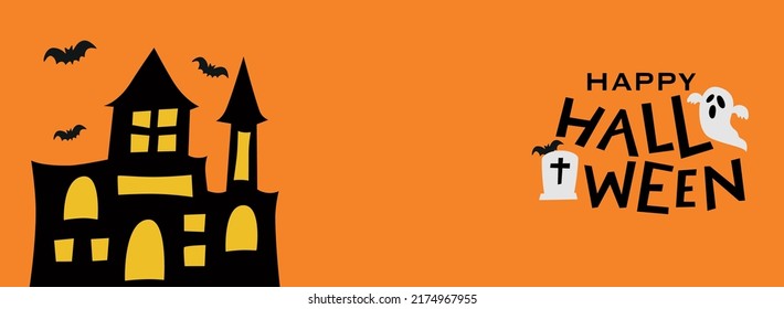 Happy Halloween lettering Text Banner. Vector Illustration of halloween on orange background. Autumn poster with ghost, bat, tombstone, castle