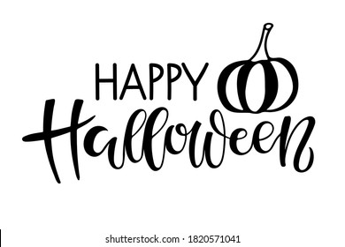 Happy Halloween lettering. Text with sketch pumpkin design. Black-and-white illustration. Use for printing, posters, card, T-shirts, textile drawing, print pattern, greetings, invitations. Home decor.