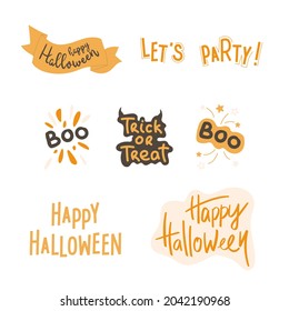 Happy Halloween lettering and text stickers. Let's party, trick or treat. Handwritten elements for cards, banner, party decor, invitation. Vector illustration.