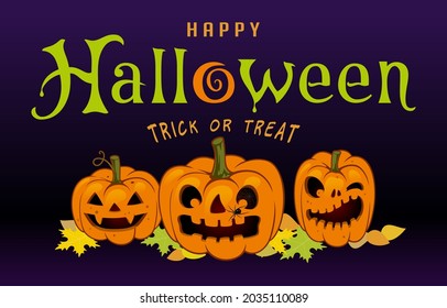 Happy Halloween lettering with three pumpkins and a spider, vector calligraphy. Trick or treat lettering. for flyer, poster, greeting card, banner.