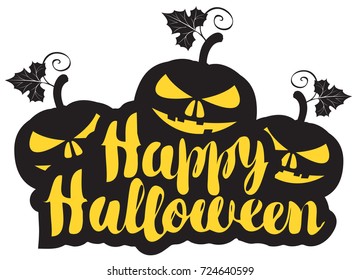 Happy Halloween lettering with three pumpkins. Calligraphic inscription for banner, poster, greeting card, party invitation