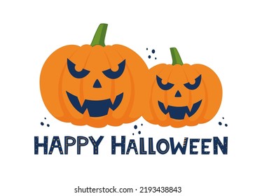 Happy Halloween lettering with traditional halloween pumpkin. Holiday calligraphy for banner, poster, greeting card, party invitation. Vector illustration