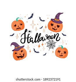 Happy Halloween lettering, vector brush calligraphy. Handwritten Halloween typography print for flyer, poster, greeting card, banner. Hand drawn decorative design element.