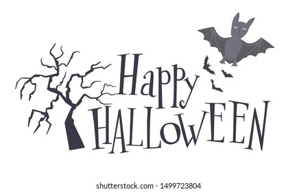 Happy Halloween Lettering. Vector graphics. Hand font, scary tree and bat