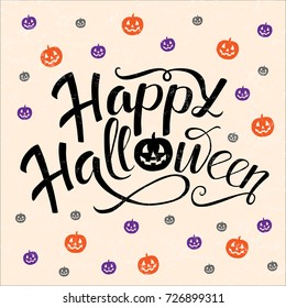 Happy halloween lettering. Vector illustration with pumpkins in orange, violet and gray colors. Trick or treat. Vector Design Illustration for party, postcards and magazines