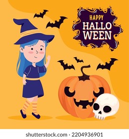 happy halloween lettering with witch