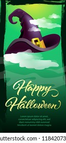 Happy Halloween lettering. Witch hat in clouds on green background. Halloween night background. Vector illustration can be used for posters, flyers, greeting cards, websites