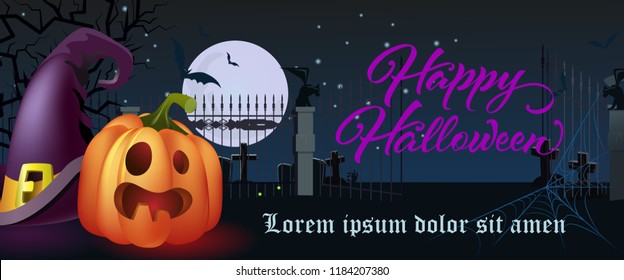 Happy Halloween lettering. Witch hat and pumpkin on graveyard at night. Halloween background. Vector illustration can be used for posters, flyers, greeting cards, websites