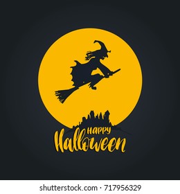 Happy Halloween lettering with witch vector illustration for party invitation card, poster. All Saints' Eve background.