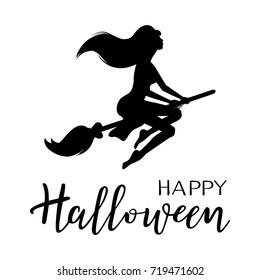Happy halloween lettering with a witch, vector illustration for party invitation card, poster. All Saints' Eve background. Black and white.