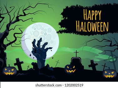 Happy Halloween lettering with zombie hand, pumpkins and moon. Invitation, greeting card or advertising design. Typed text, calligraphy. For leaflets, brochures, invitations, posters or banners.