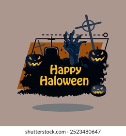 Happy Halloween lettering with zombie hand at graveyard and scary pumpkin lanterns. Typed text, calligraphy. Holiday, celebration, party concept. Vector illustration for invitation or banner design