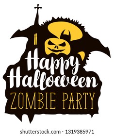 Happy Halloween lettering for zombie party with smiling pumpkin, bat, gothic church and full moon. Vector calligraphic inscription for banner, poster, greeting card, icon, party invitation