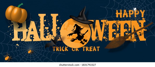 Happy Halloween letters in banner design with 3d of pumpkin and  witch broom, witch hat on web spiders and dark blue background.