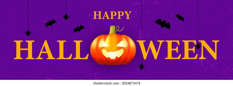 Happy Halloween letters banner party with a big pumpkin, bat and a spider on a web. Holiday lettering template for poster, banner, party invitation card. Vector illustration. Eps 10.