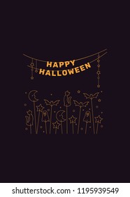 Happy Halloween Letters Garland. Poster With Lovely Party Decorations of Moon, Bat, Star, Ghost And Cat. Simple Lines. Vector Illustration.