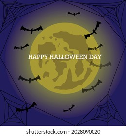 Happy Halloween letters with grunge decoration Abstract dark blue halloween background with big moon with moon light, cobwebs and flying bats. Illustration