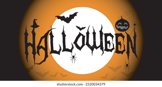Happy Halloween Letters, Orange gradient letter, black letters and Pumpkin with black witch hat, spider and bat.