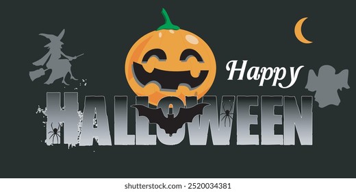 Happy Halloween Letters, Orange gradient letter, black letters and Pumpkin with black witch hat, spider and bat.