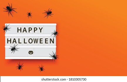 Happy halloween lightbox vector illustration. Happy Halloween Poster with spiders on Orange background. Spooky banner or template.