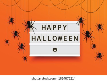 Happy halloween lightbox vector illustration. Happy Halloween Poster with spiders on Orange background. Spider banner or template.