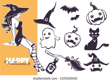 Happy Halloween line art objects collection for your greeting design