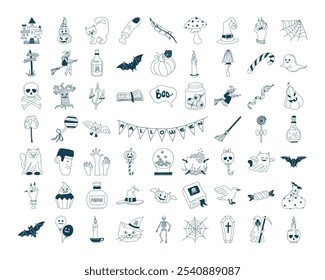 Happy halloween line elements set. October holiday icons, design elements bundle in outline. Cute ghost, pumpkin, bat, candy, cat, skull, spider, castle. Isolated vector illustration in doodle style.