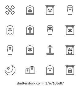 Juego de iconos de línea de halloween feliz, colección de símbolos de vector de contorno, paquete de pictogramas de estilo lineal. Señales, ilustración del logotipo. El juego incluye íconos como lápida de cementerio, fantasma, murciélago, cruces de huesos, ataúd